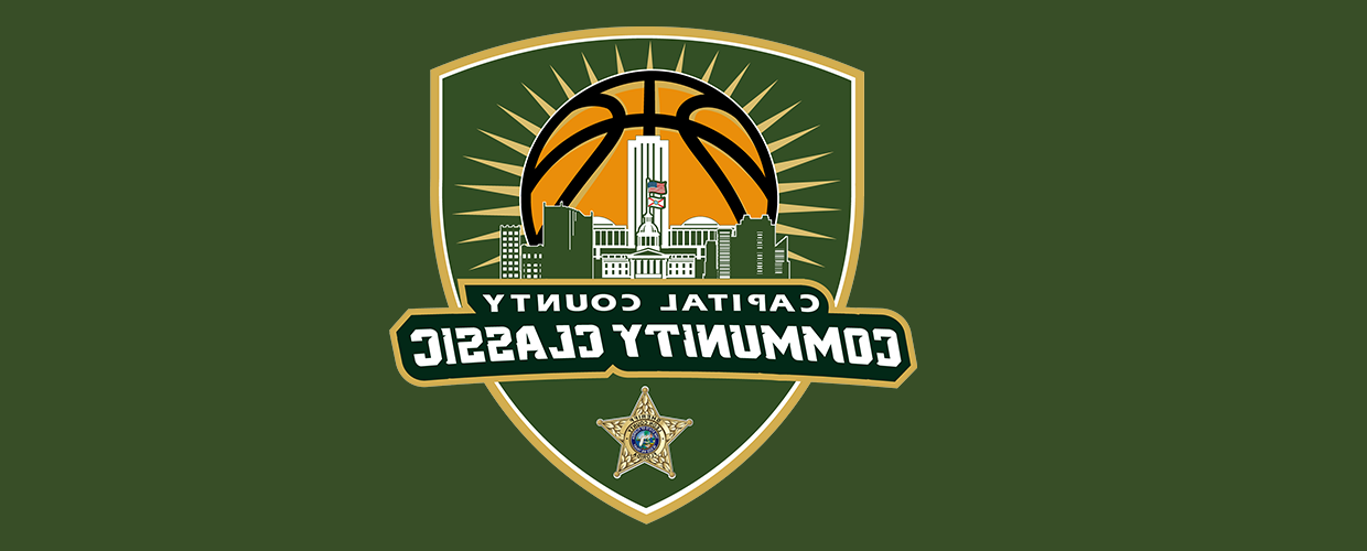 green banner with a logo the shape of badge with images of the Tallahassee state capital and cartoon basketball behind the building mimicing a rising sun over a cityscape.